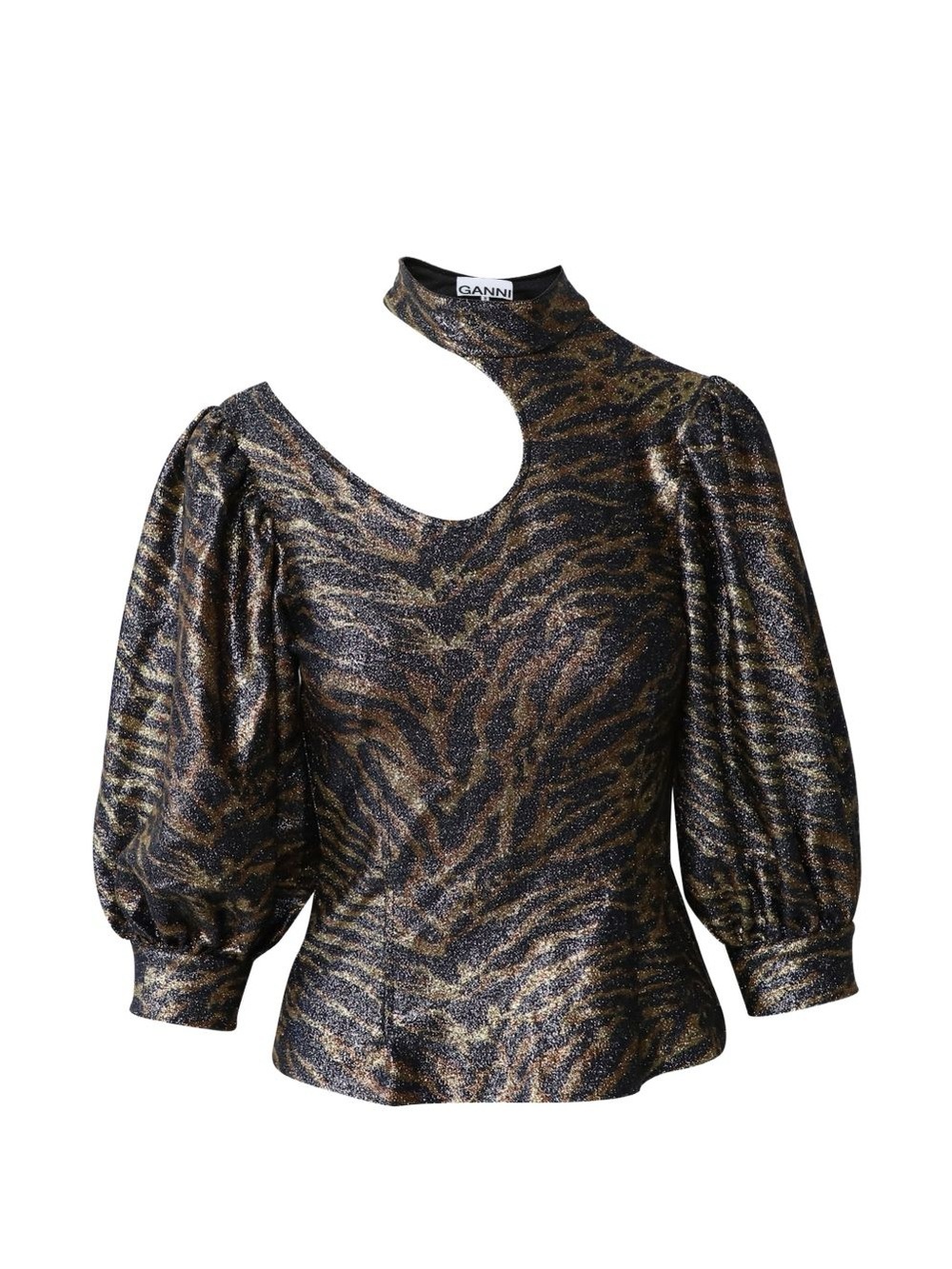 NWT Ganni Metallic Tiger-Print Cutout Puff-Sleeve Top in Black and Gold